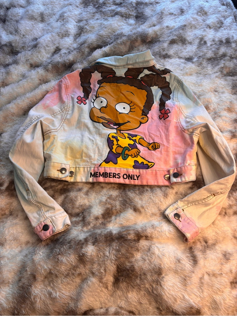 Members Only womens Light Denim Jacket with Multicolor Cartoon Back